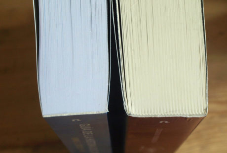 Foto del canto del lomo de dos libros: uno pegado y otro cosido, para apreciar las diferencias.