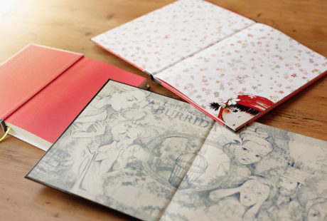 Foto de varios libros encuadernados en tapa dura con ejemplos de guardas: impresas en color, impresas en blanco y negro, sin imprimir (en papel rojo).