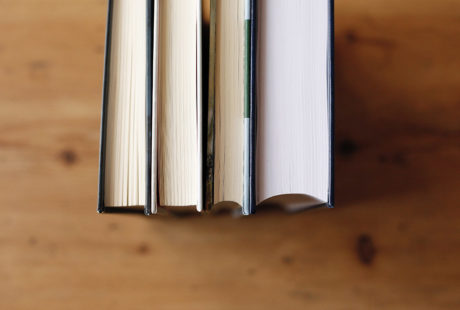 Foto del canto (posterior) de varios libros encuadernados en tapa dura para apreciar la diferencia entre lomo redondo y cuadrado.